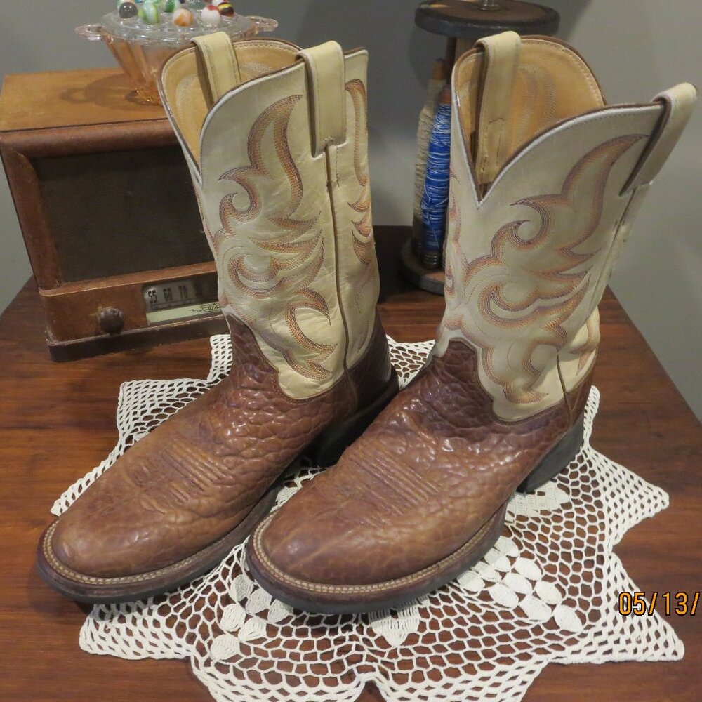 Men's JUSTIN Buckskin Apache Bullhide Western Boots Br/Cream Sz 9 1/2 D #5537
